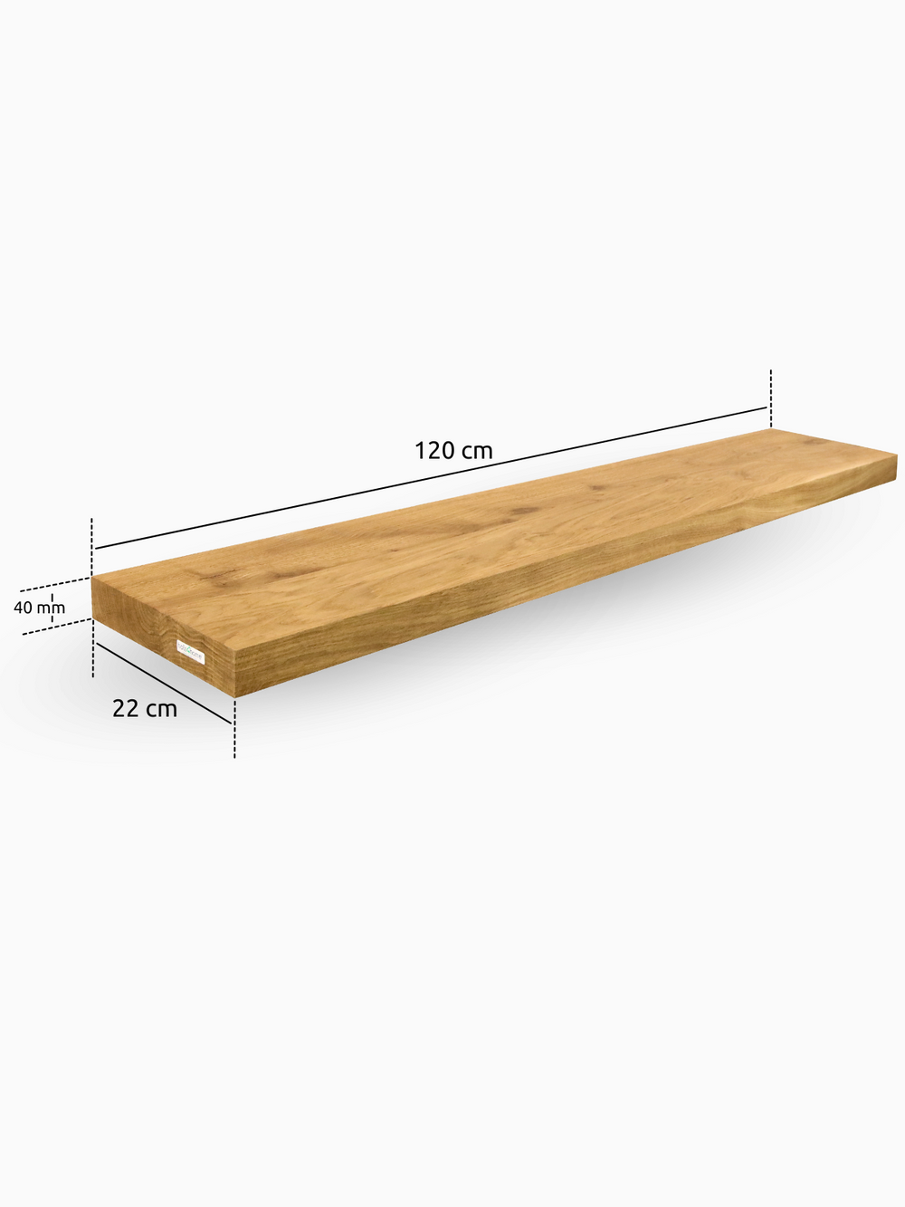 Maattekening van het zwevende wandrek van eiken, 120 cm lang, 22 cm diep en 4 cm dik