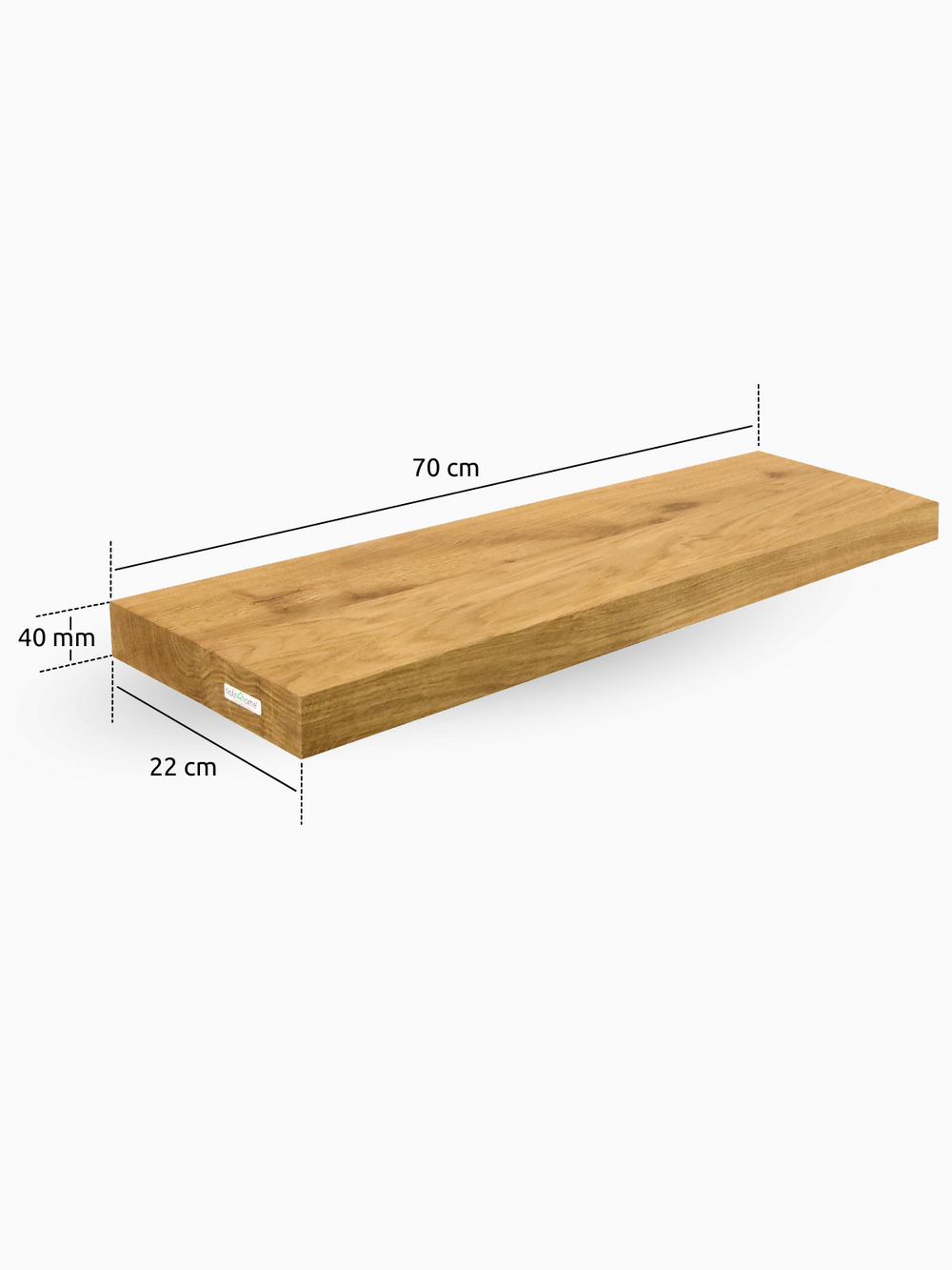 Zwevend wandrek van eikenhout met rechte rand, maatgrafiek 70 x 22 cm bij 40 mm dikte