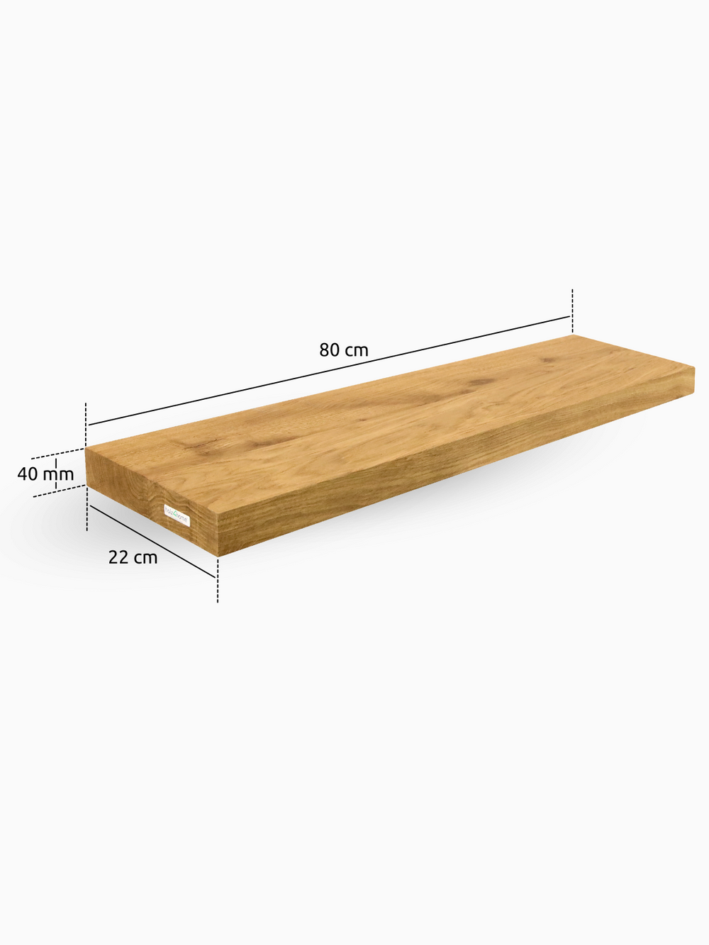 Zwevend wandrek van eikenhout met maatgrafiek 80 x 22 cm en 40 mm dikte, rechte rand