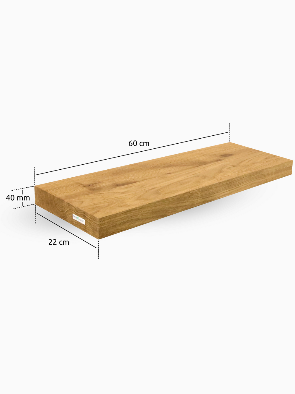 Zwevend eiken wandrek met rechte rand en afmetingen 60 cm breed, 22 cm diep en 40 mm dik