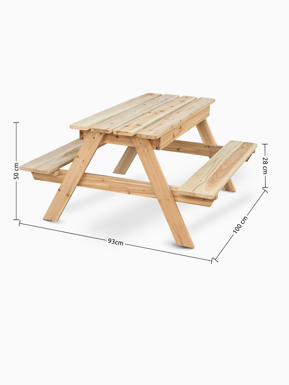 Maattekening kinderpicknicktafel: 93 cm breed, 100 cm diep, 50 cm hoog, zithoogte 28 cm