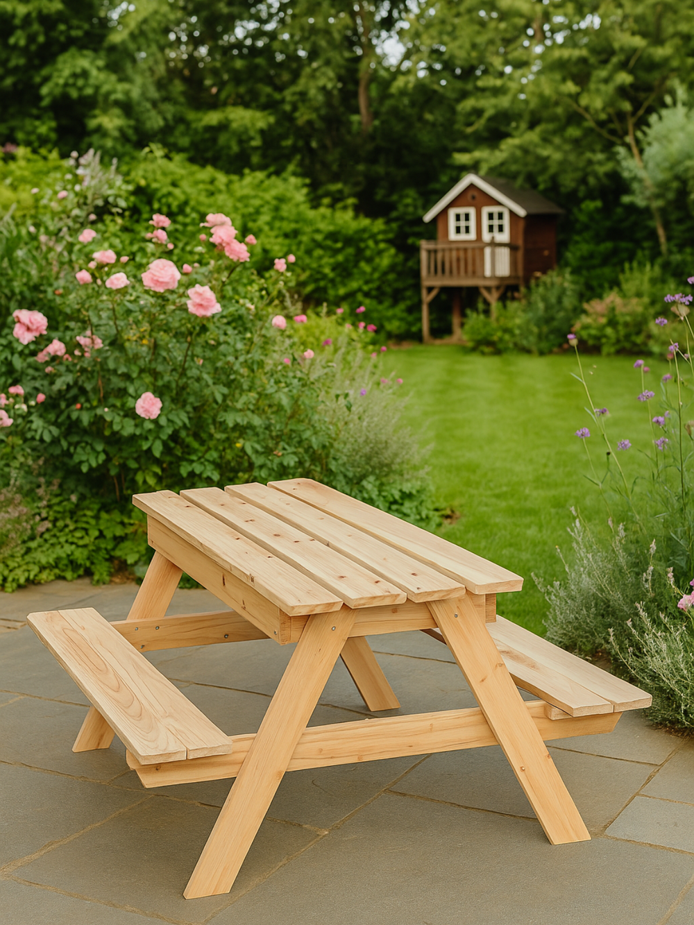 Kinderpicknicktafel van vurenhout in de tuin op het terras met speelhuisje op de achtergrond