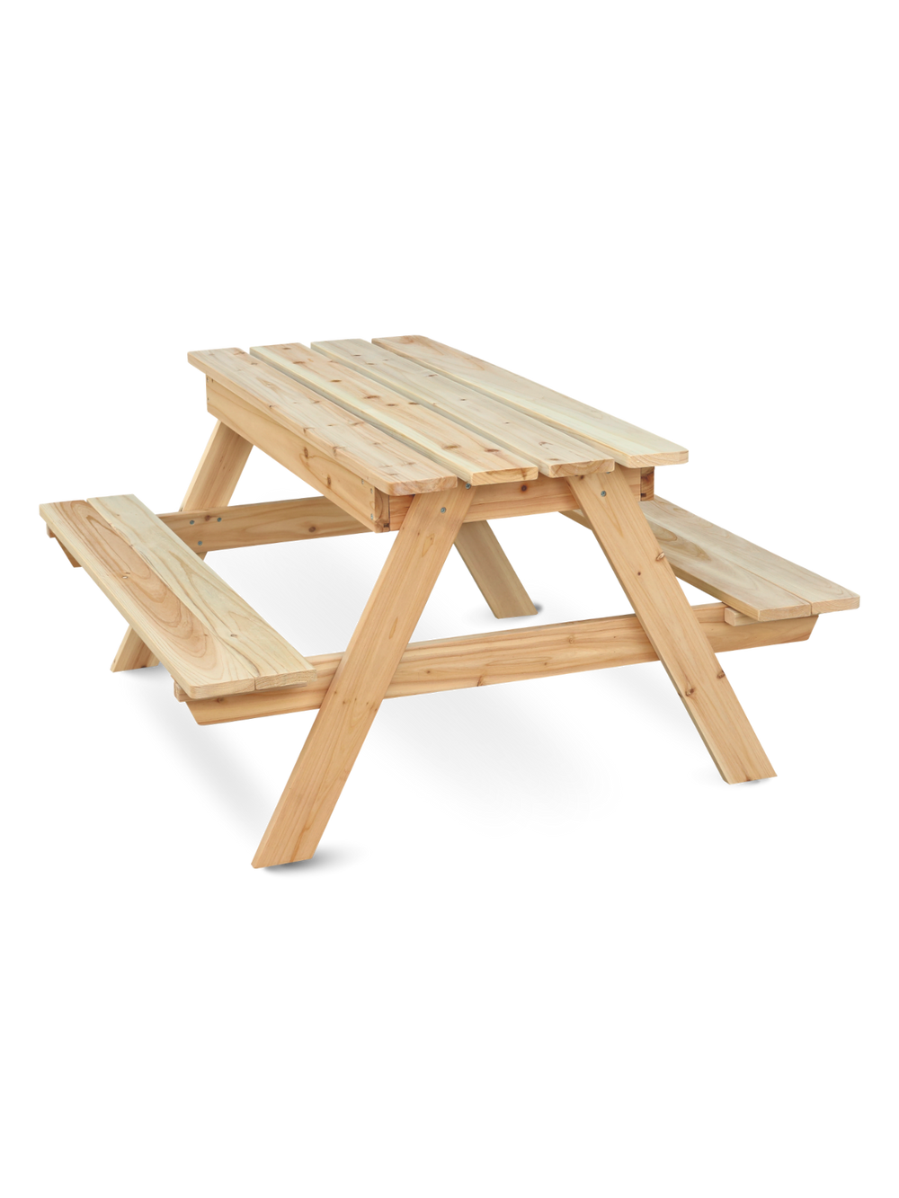 Outdoor kinderpicknicktafel van vurenhout met geïntegreerde zitbanken, vooraanzicht