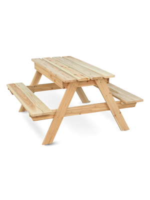 Outdoor kinderpicknicktafel van vurenhout met geïntegreerde zitbanken, vooraanzicht