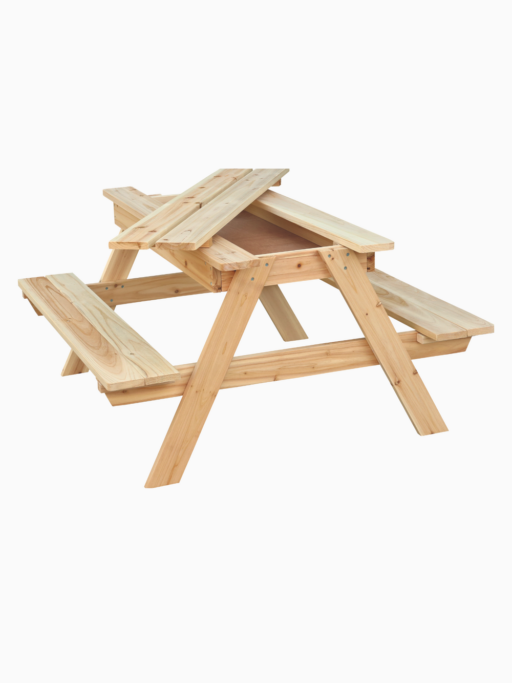 Kinderpicknicktafel met opengeklapte zitplaten en lege speelbakken, zijaanzicht