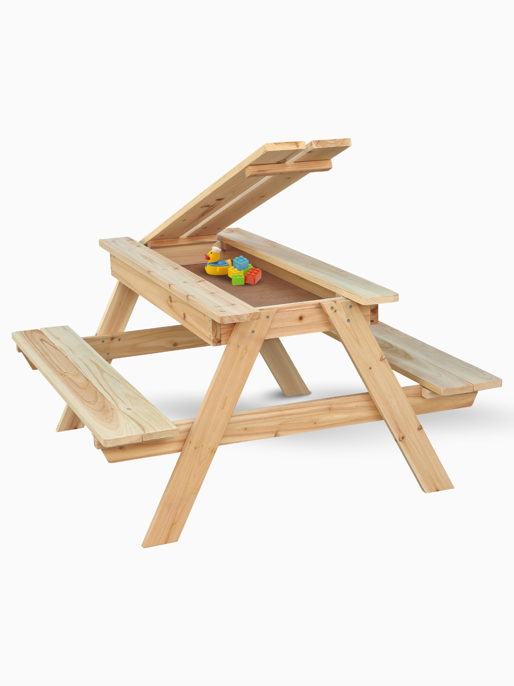 Kinderpicknicktafel met geopend tafelblad en speelvak met eend en bouwstenen