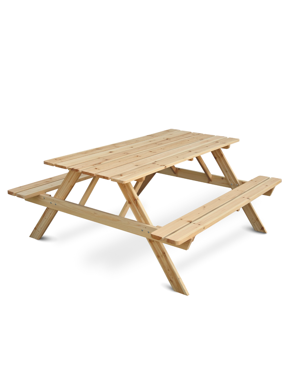 Outdoor picknicktafel van vurenhout met vast verbonden zitbanken, vooraanzicht