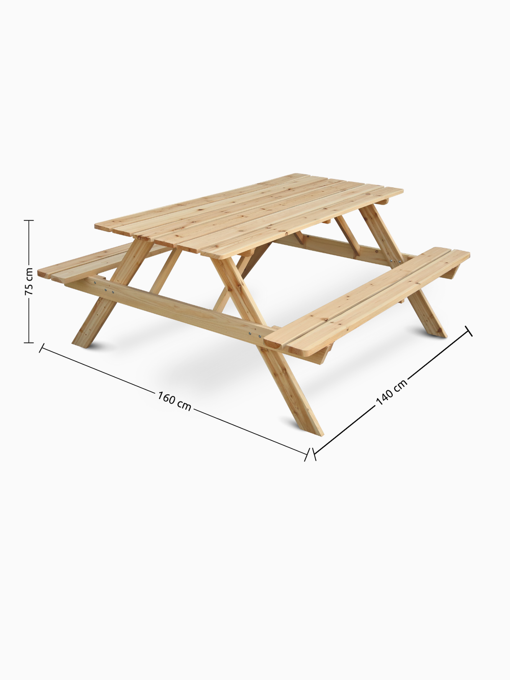 Maattekening picknicktafel vurenhout: 160 cm lang, 140 cm breed, 75 cm hoog