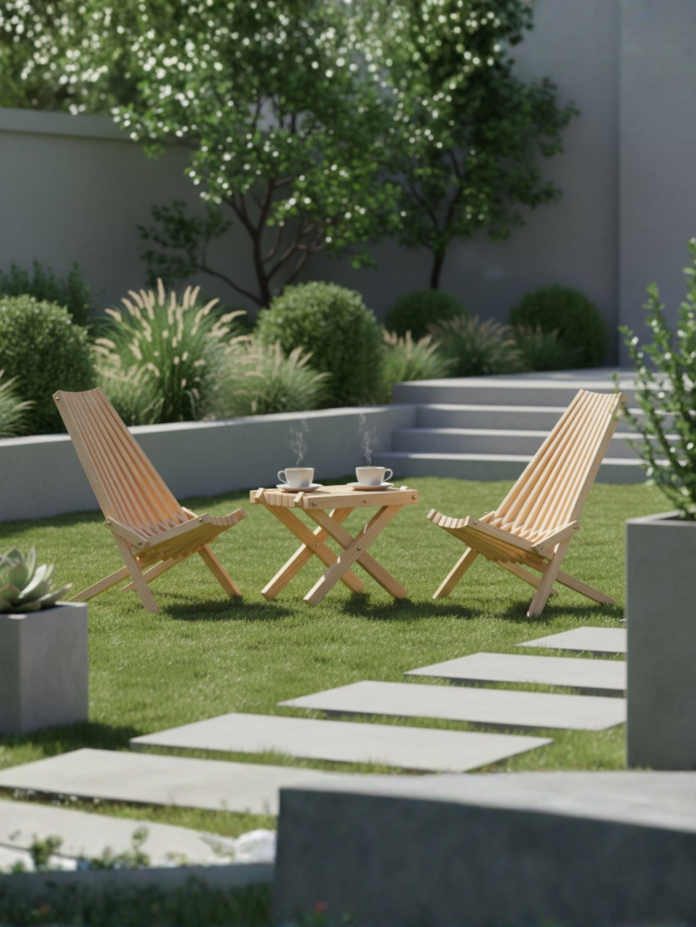 Twee Scandinavische ligstoelen van grenen met bijzettafel en koffiekopjes in de tuin