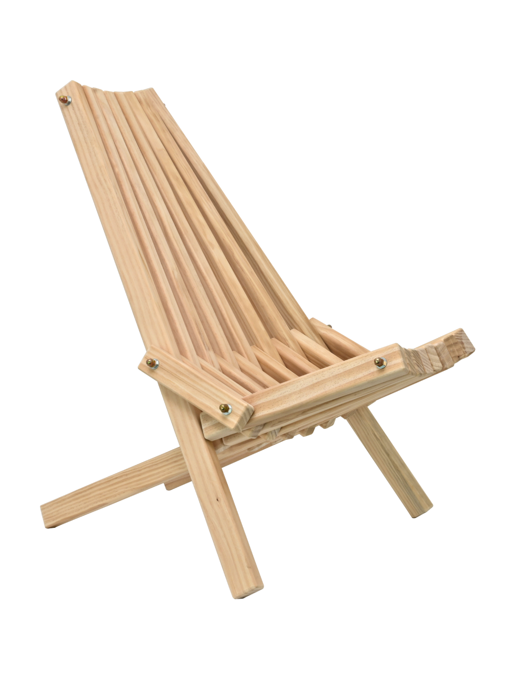 Scandinavische ligstoel van licht grenenhout met hoge lattenleuning, inklapbaar voor tuin en terras