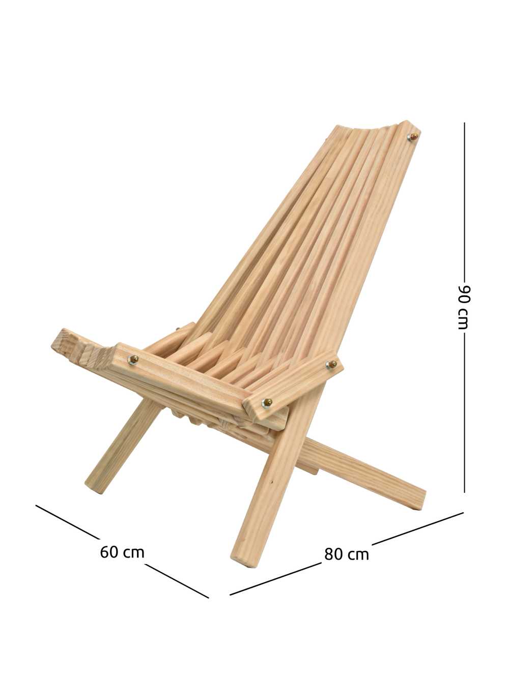 Maattekening Scandinavische ligstoel van grenen, 90 cm hoog, 80 cm diep, 60 cm breed
