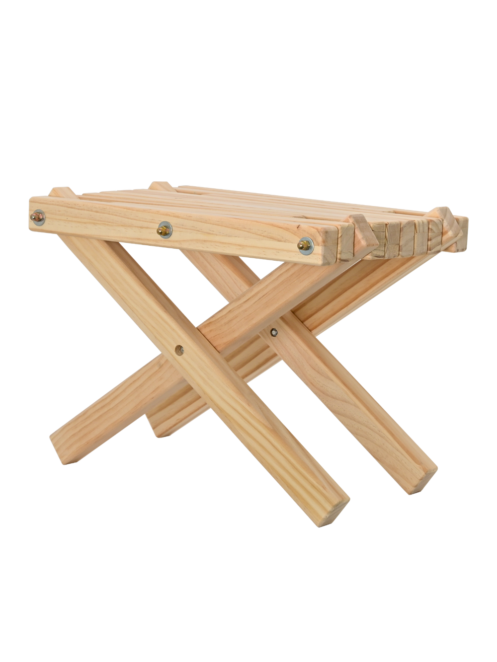 Scandinavische bijzettafel van licht grenenhout met lattenblad en gekruiste vouwpoten
