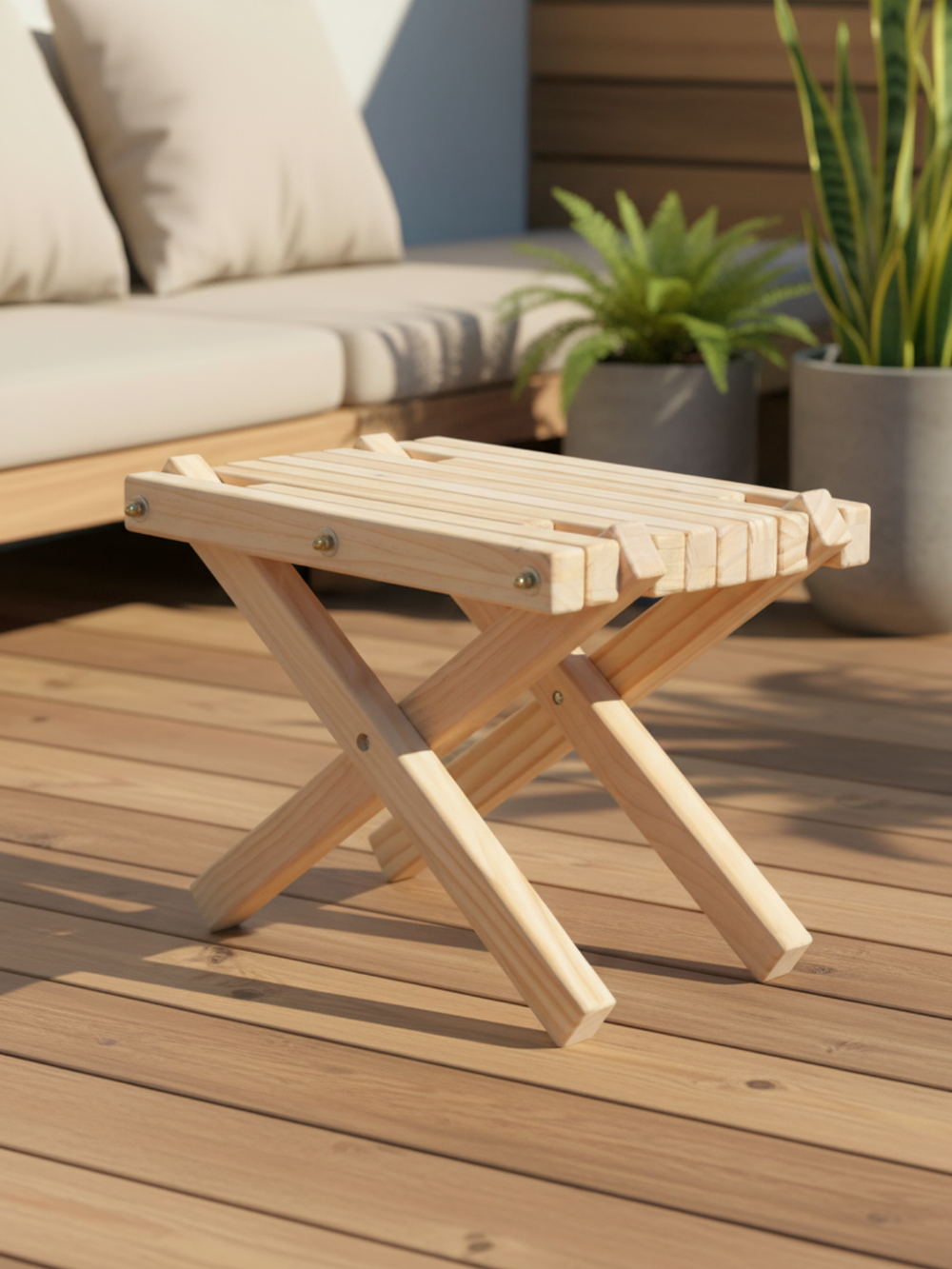 Bijzettafel van grenenhout met lattenblad op een houten terras naast een outdoorbank en groene planten
