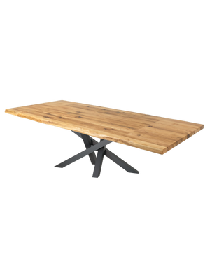 Uittrekbare massief houten tafel eiken met boomstamrand en rustiek knoestig blad op zwart Spider-onderstel