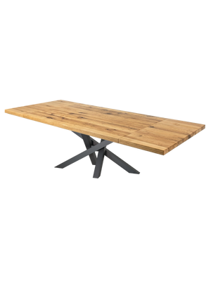 Uittrekbare massief houten tafel eiken, rechte rand, Hora Spider-onderstel, verlengd met gemonteerde verlengbladen