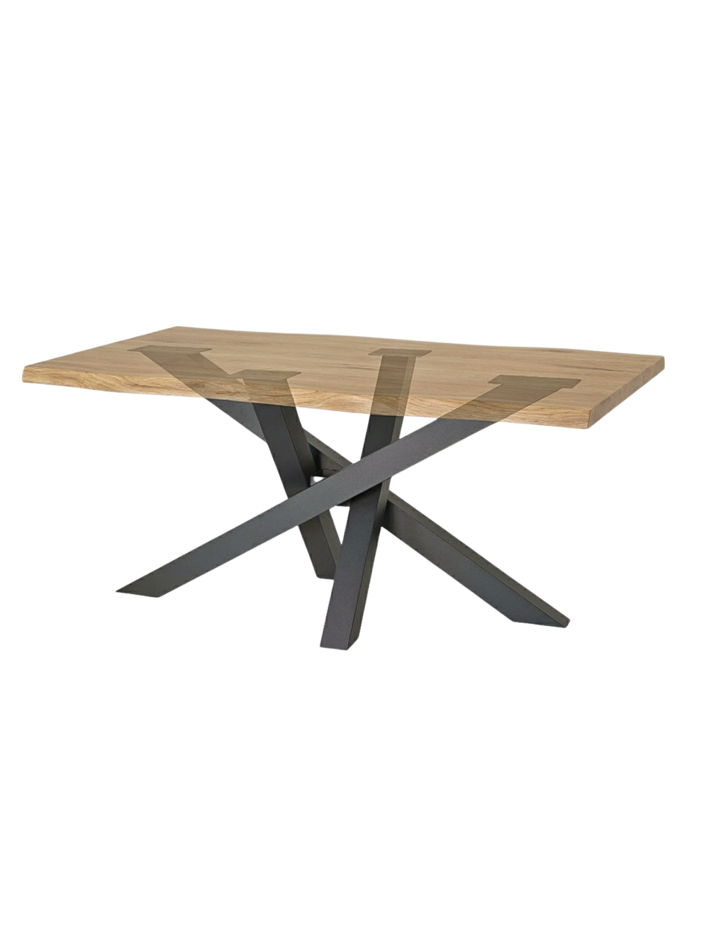 Massief houten tafel van eiken met boomstamrand op het zwarte Spider-tafelonderstel Tiempo, zijaanzicht