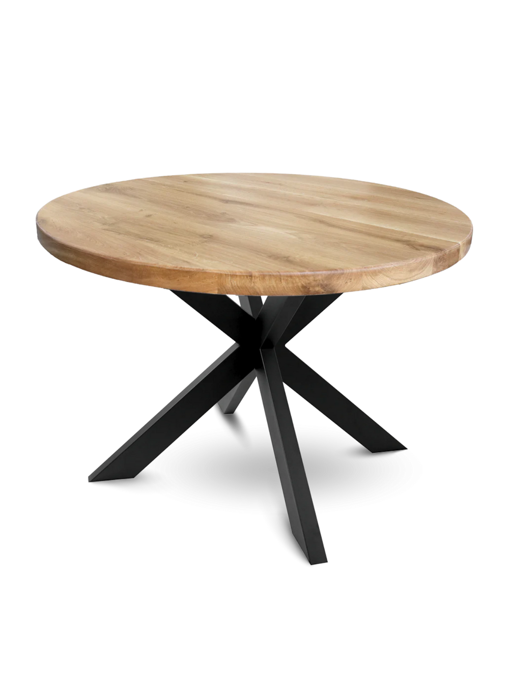 Ronde massief houten tafel op zwarte Hora Spider Round-middenpoot, vrijstaand