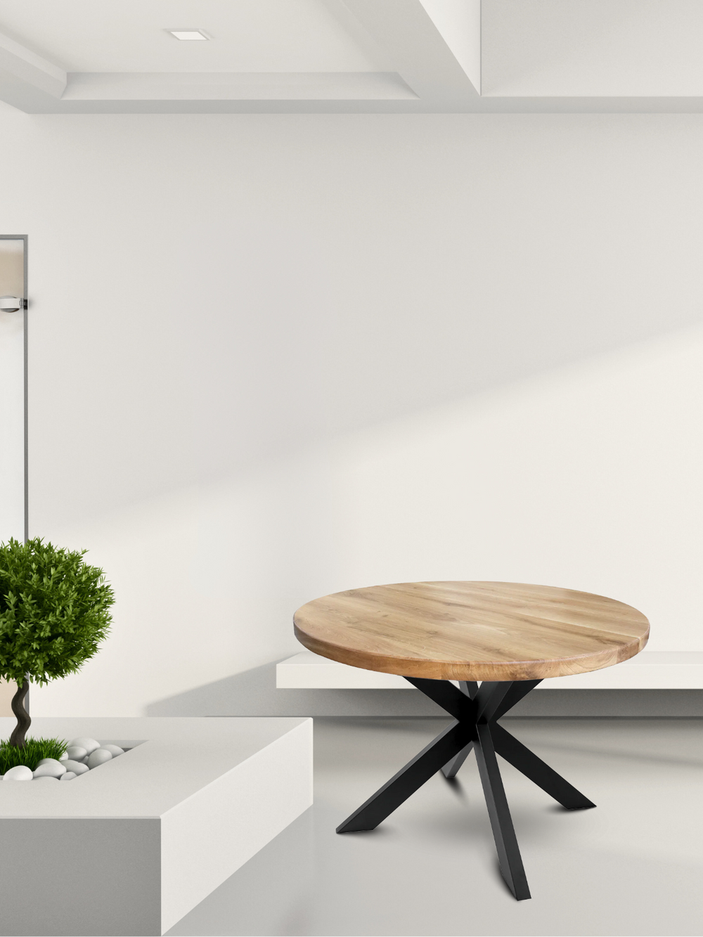 Ronde houten tafel met Hora Spider Round-onderstel in de lichte woonkamer