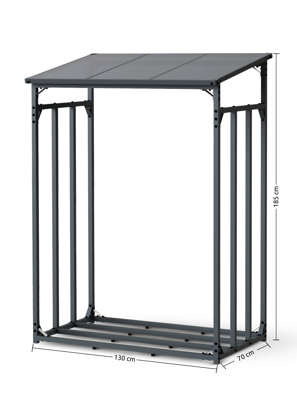 Maattekening van de haardhoutoverkapping van metaal, 130 cm breed, 70 cm diep en 185 cm hoog