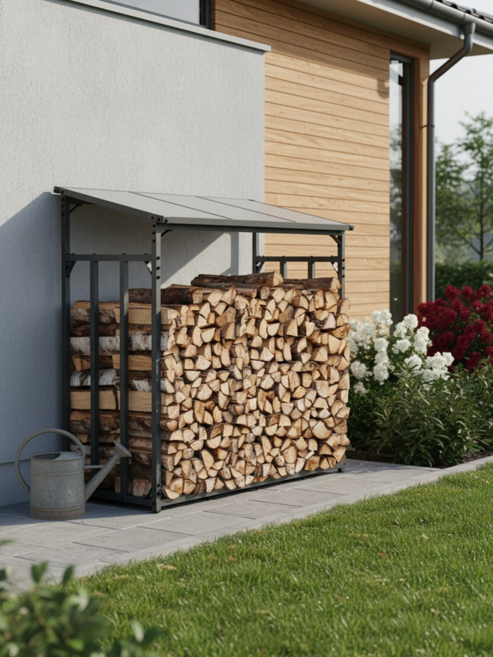 Haardhoutoverkapping van antracietkleurig metaal met brandhout aan een huismuur naast een bloemenperk