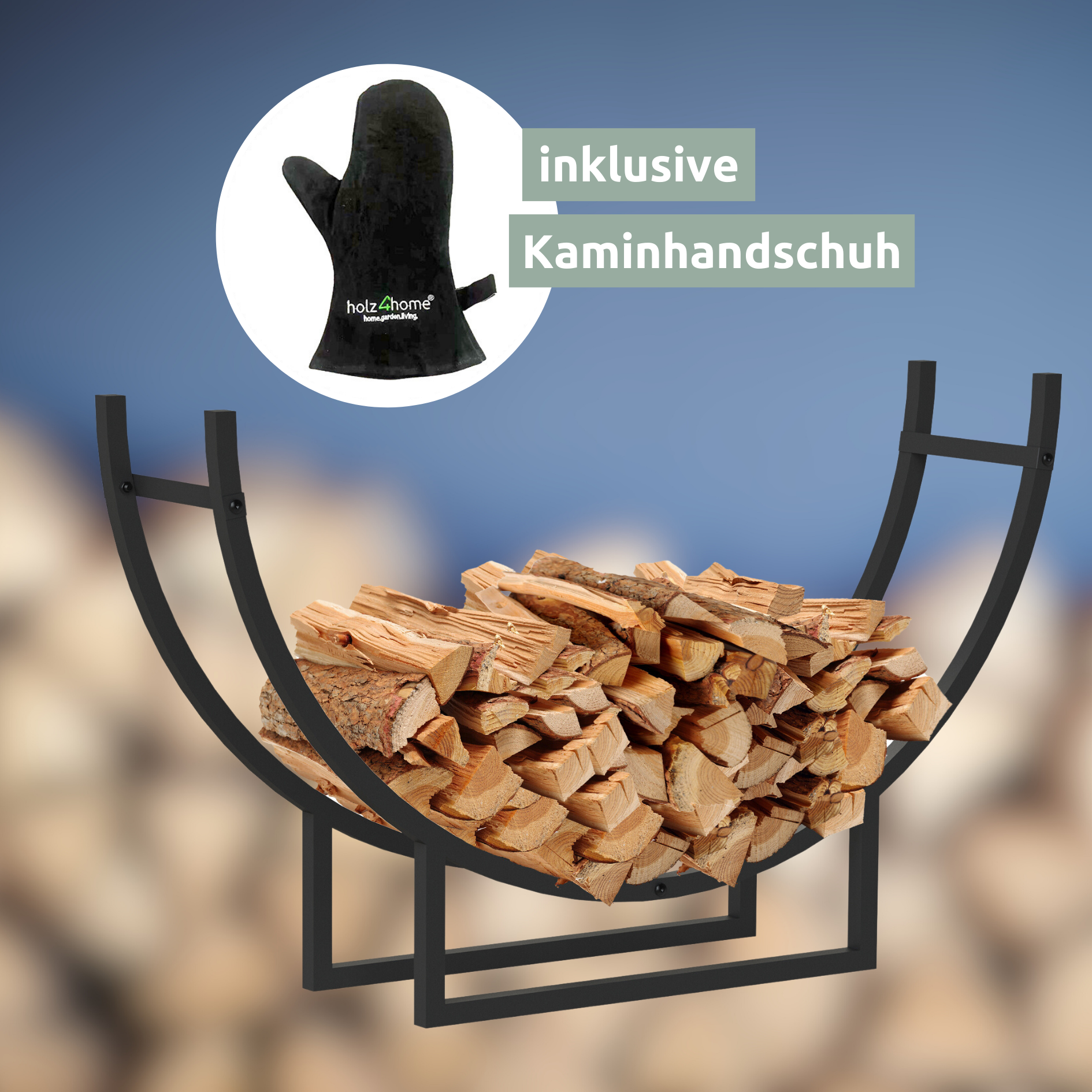 Halfrond zwart haardhoutrek van metaal met brandhout, inclusief haardhandschoen als accessoire
