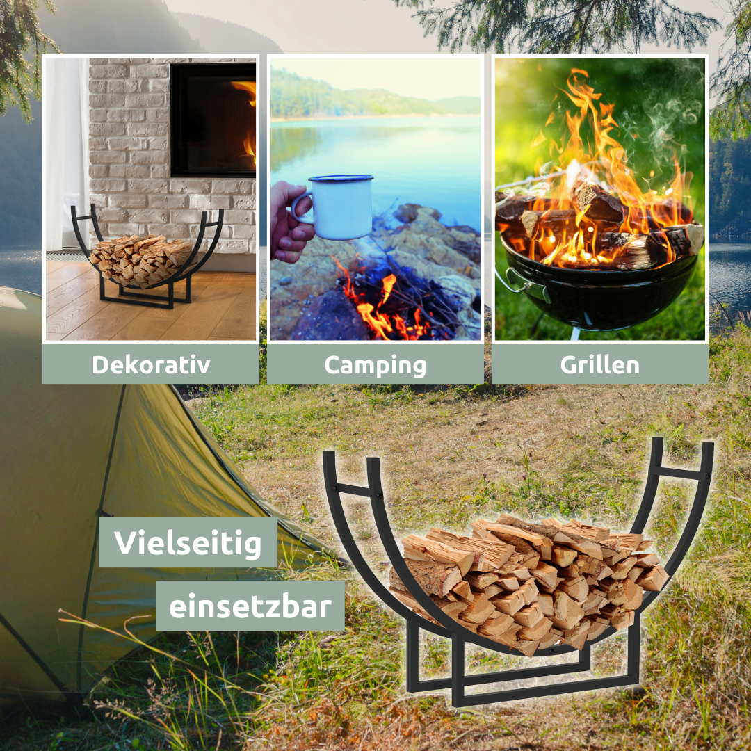 Halfrond haardhoutrek van metaal in zwart met brandhout, gebruiksafbeeldingen decoratief, kamperen en barbecueën