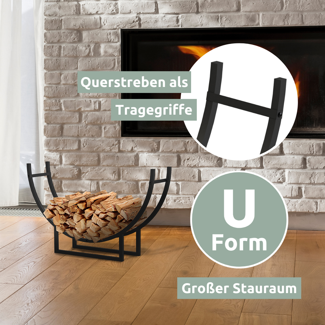 Halfrond zwart haardhoutrek van metaal in U-vorm met brandhout voor een haardmuur, kenmerkengrafiek