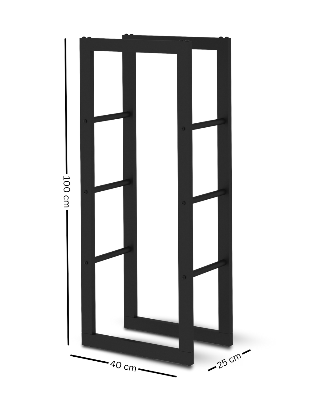 Zwart haardhoutrek van metaal met maatgrafiek 100 x 40 x 25 cm, hoge rechthoekige bouwwijze met dwarsverbindingen