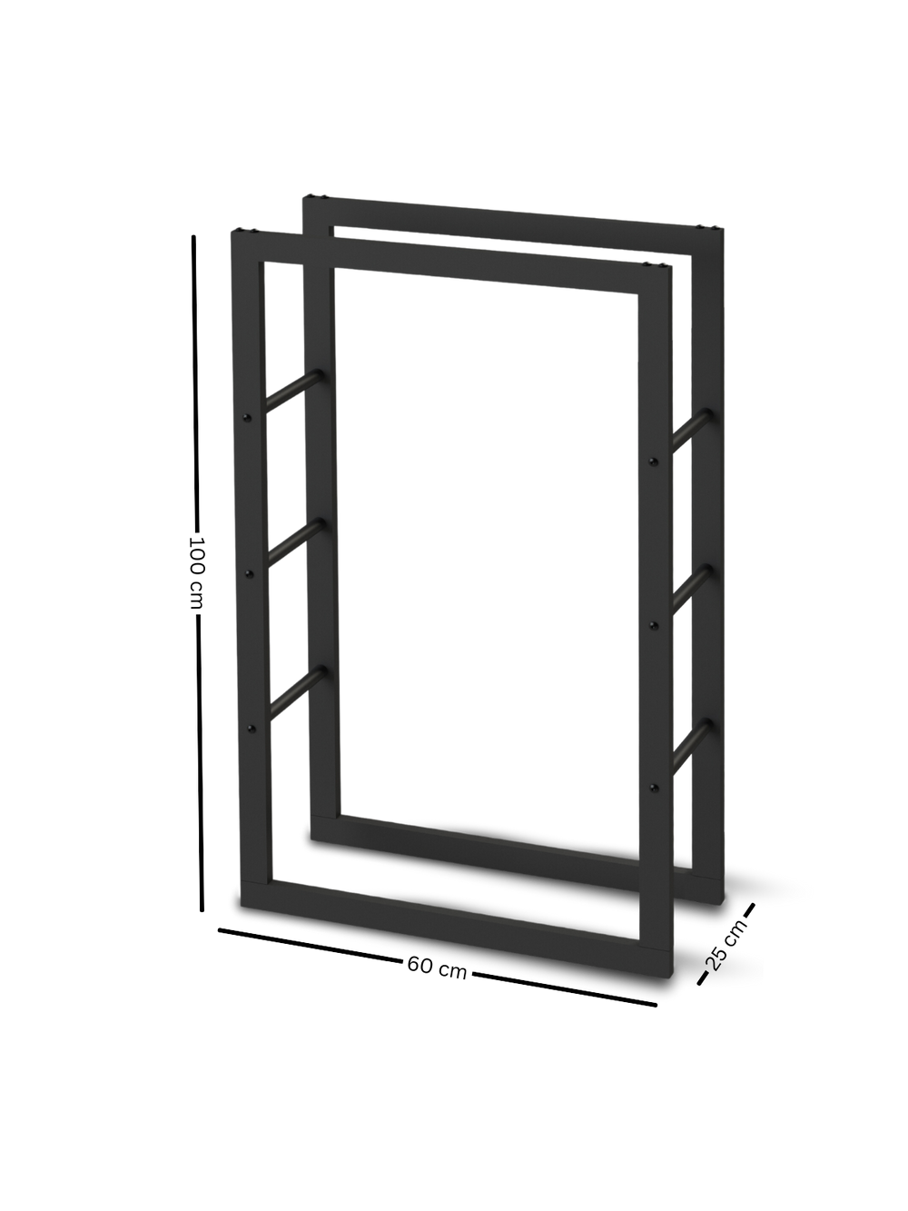 Haardhoutrek van metaal in zwart als maatschets met afmetingen 100 x 60 x 25 cm en open frame