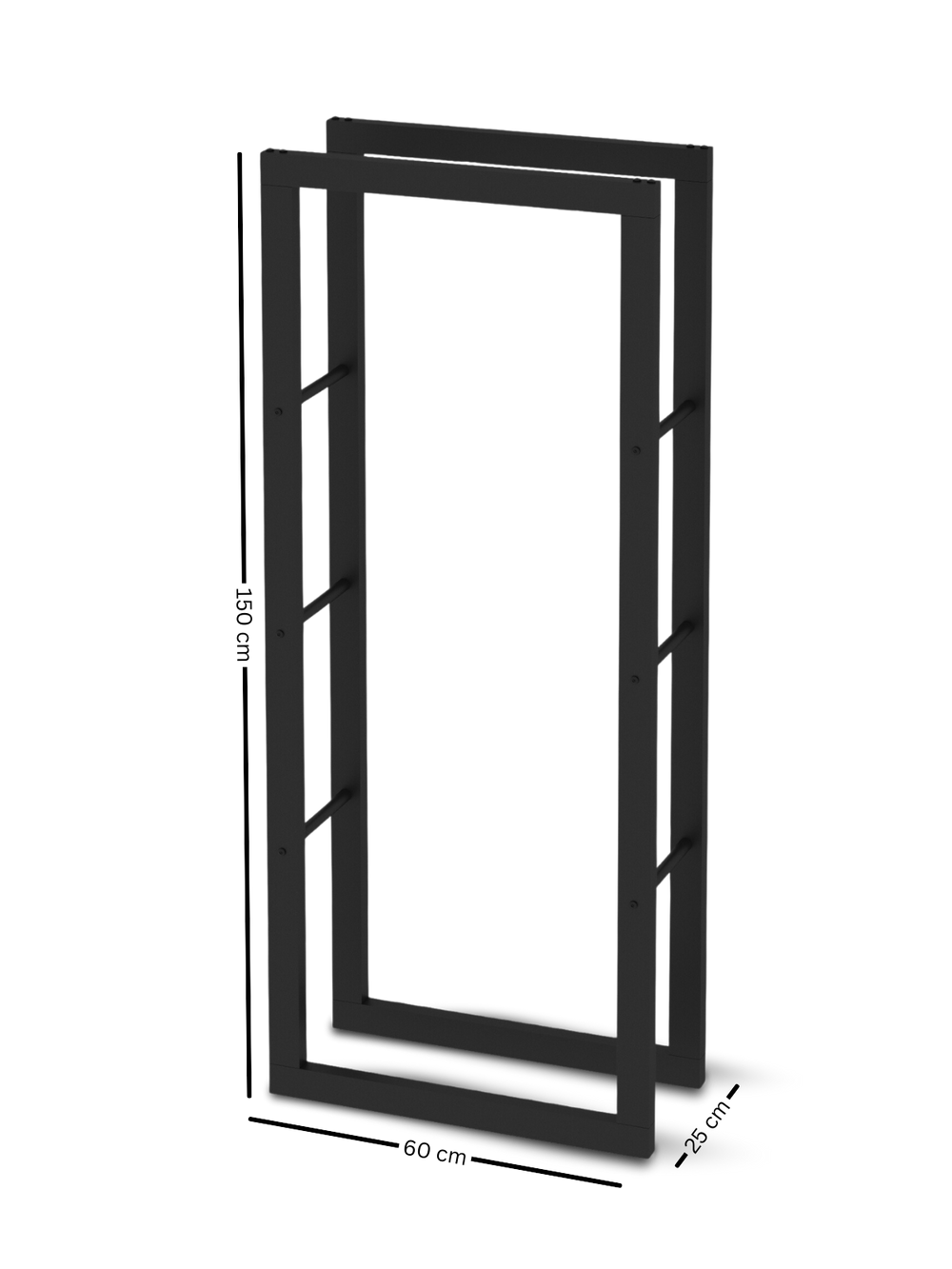 Haardhoutrek van zwart metaal, maatgrafiek met afmetingen 150 x 60 x 25 cm van het lege frame