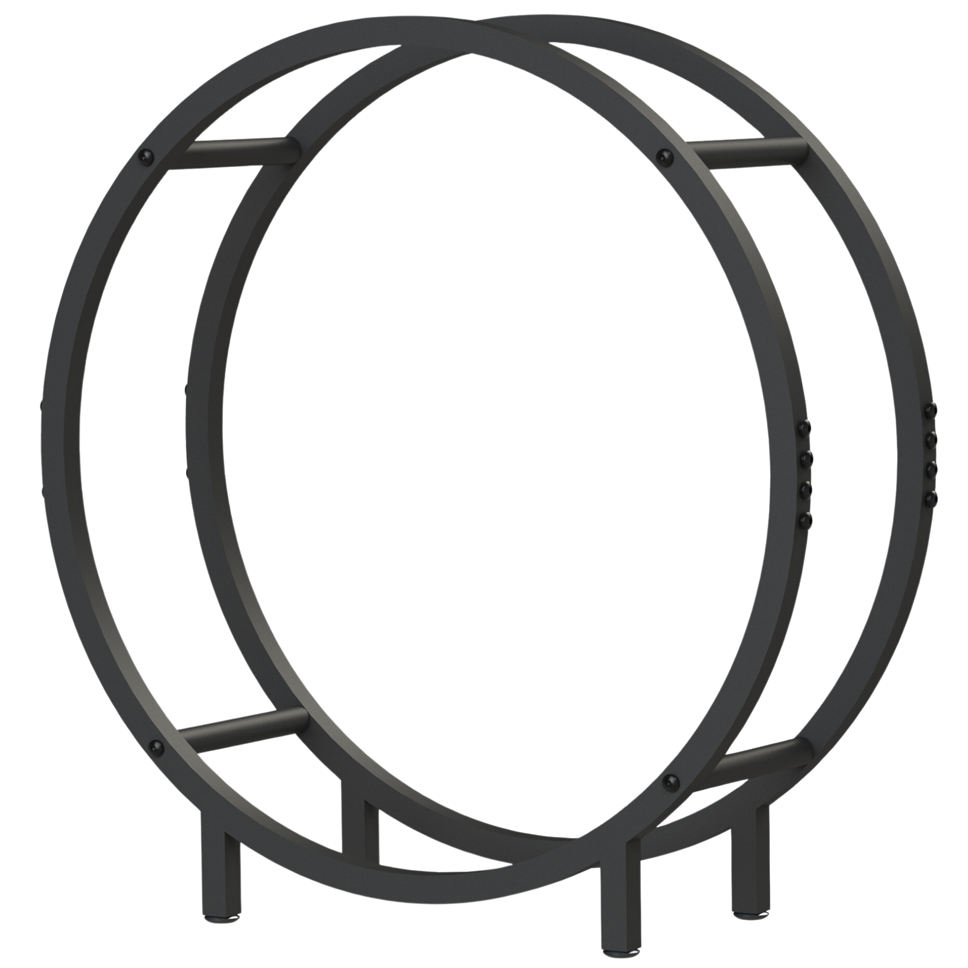 Rond zwart haardhoutrek van metaal voor brandhout met maatopgave 62 x 60 x 20 cm tegen een onscherpe achtergrond