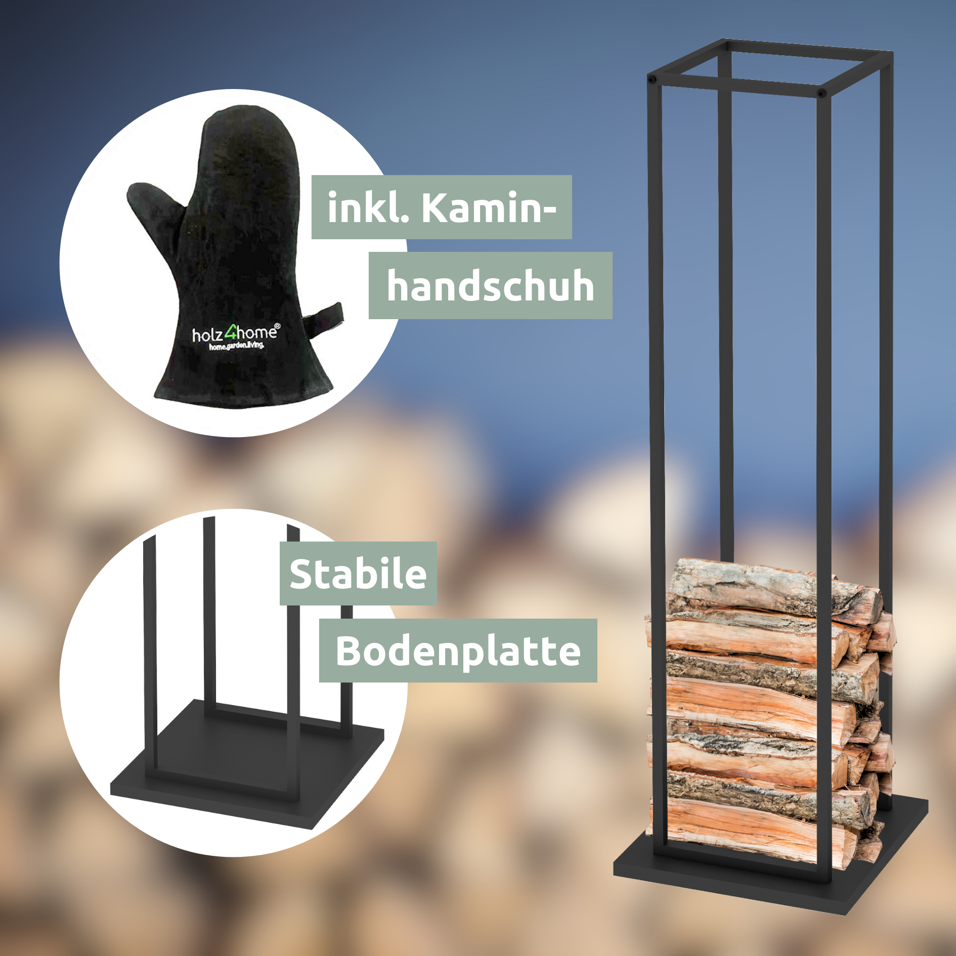Haardhoutrek van zwart metaal met stevige bodemplaat en meegeleverde haardhandschoen