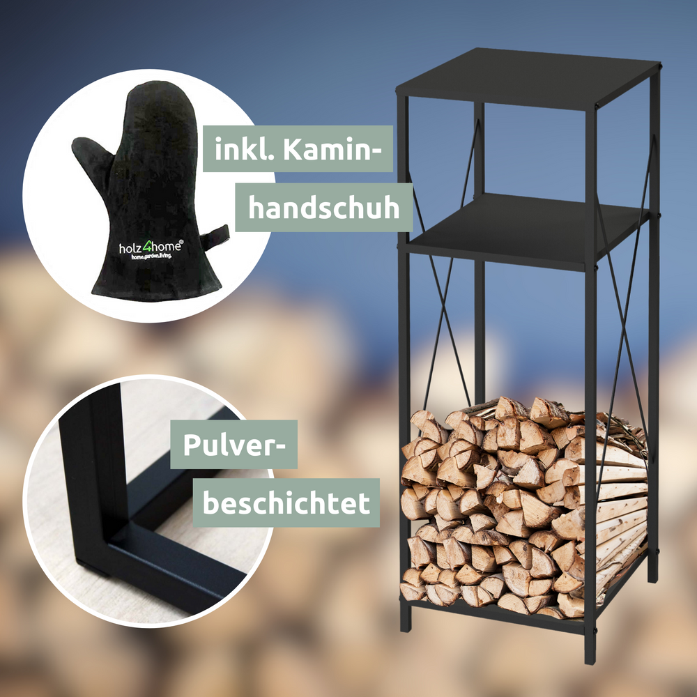 Hoog haardhoutrek van zwart metaal met legplank en brandhout, inclusief haardhandschoen, poedergecoat