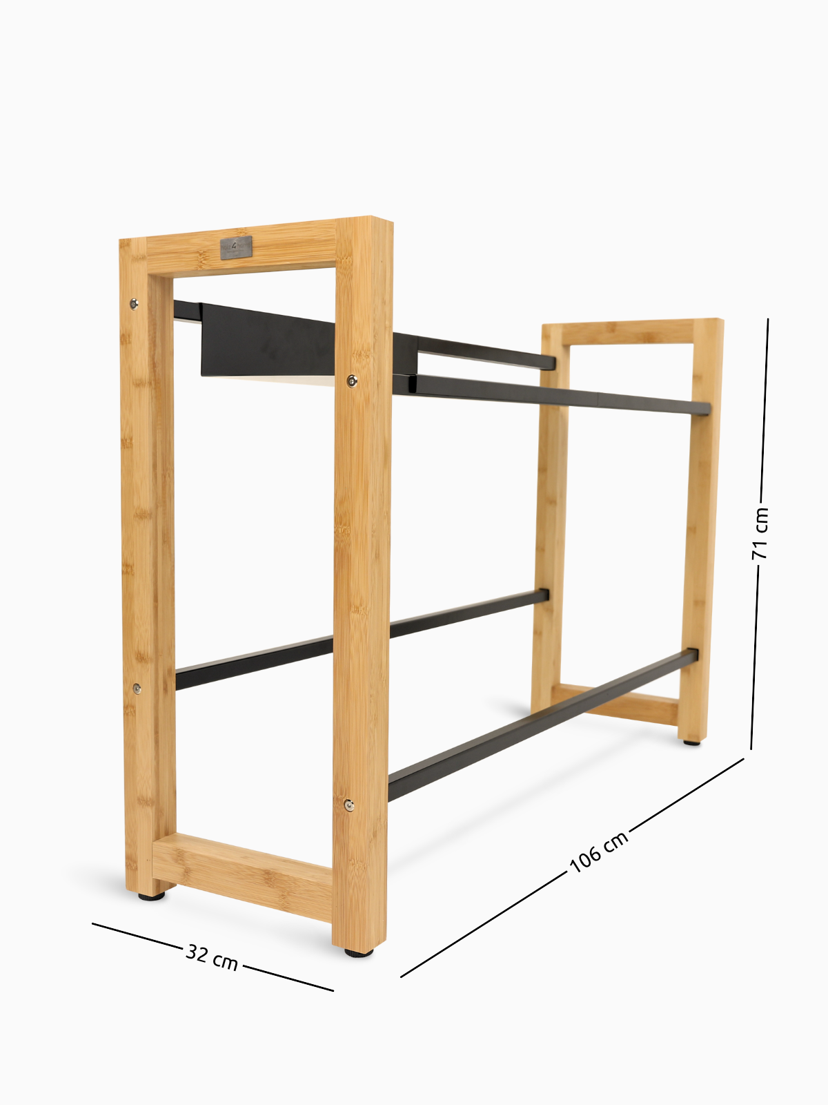 Maattekening van het brede krattenrek van bamboe, 106 cm breed, 32 cm diep en 71 cm hoog