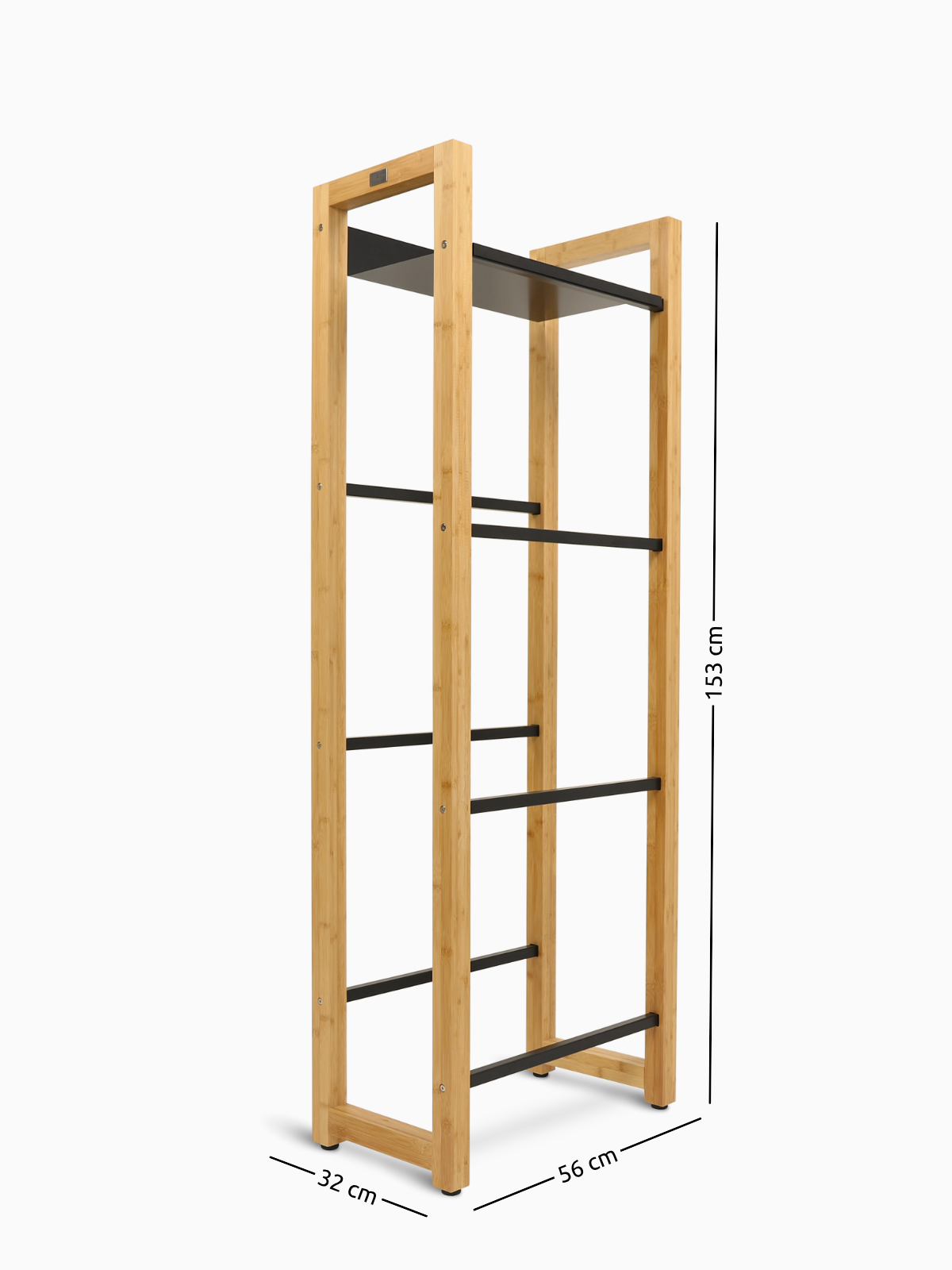 Maattekening van het hoge krattenrek van bamboe, 56 cm breed, 32 cm diep en 153 cm hoog