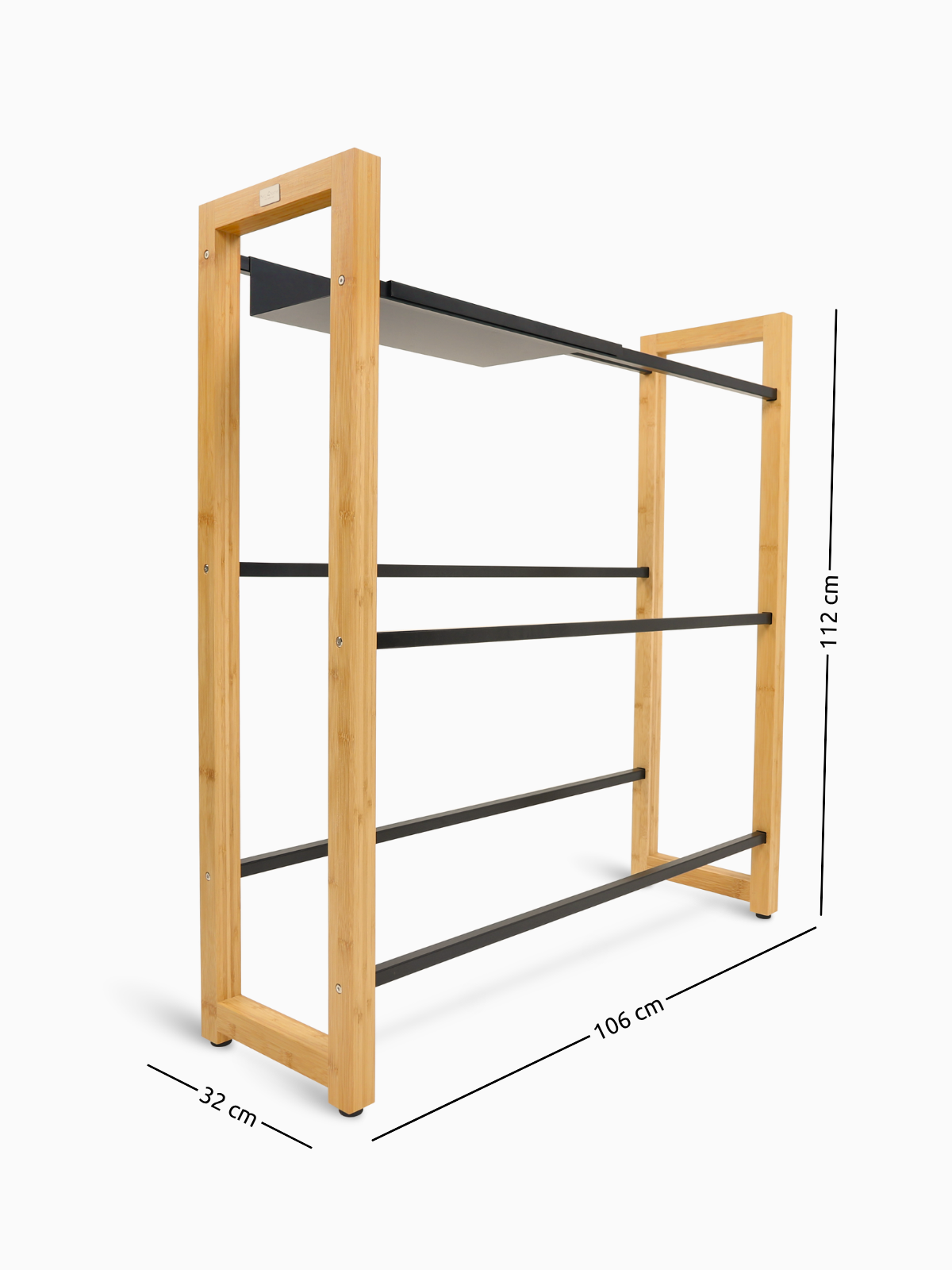 Maattekening van het brede krattenrek van bamboe, 106 cm breed, 32 cm diep en 112 cm hoog