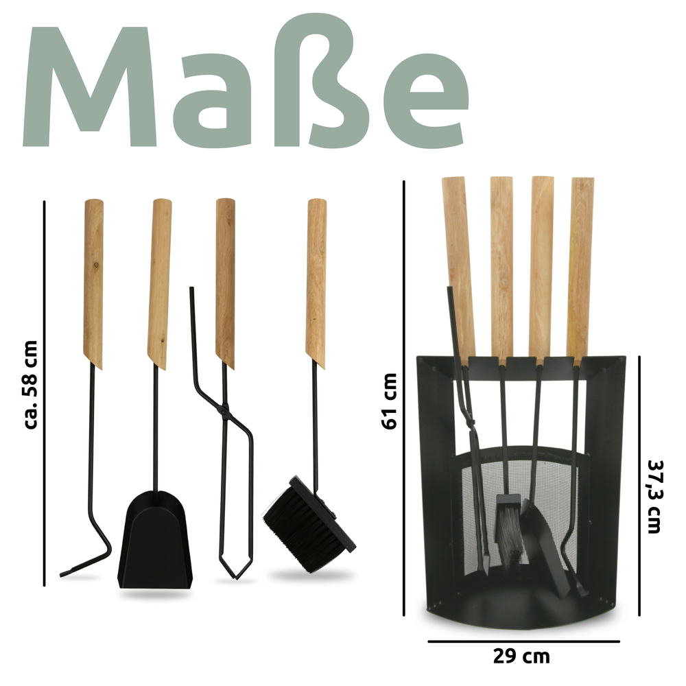 Maattekening haardstel: gereedschap ca. 58 cm, standaard 61 cm hoog en 29 cm breed