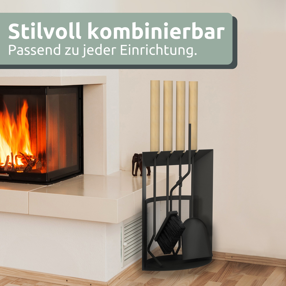 Standaard van het haardstel met houten handvatten naast brandende open haard in de woonkamer