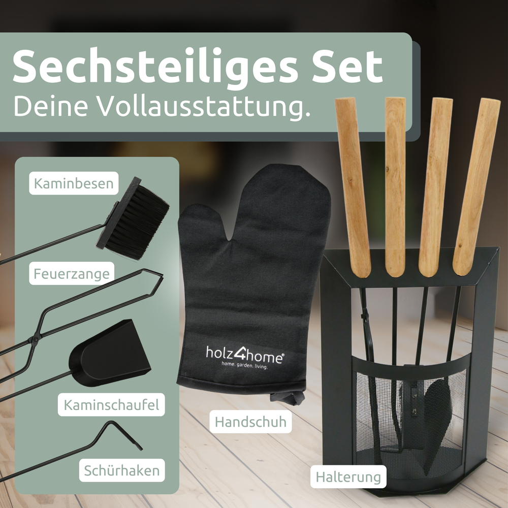 Haardstel met zes delen: bezem, vuurtang, schep, pook, handschoen en houder