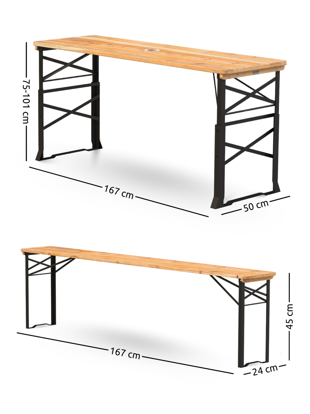 Maattekening bierbankset: tafel 167 cm breed, hoogte 75-101 cm, bank 45 cm hoog