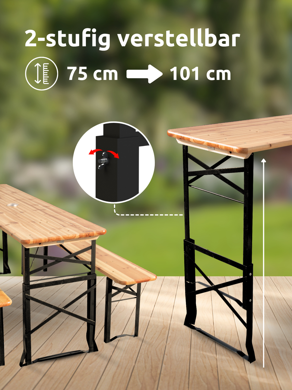 Infographic over de in 2 standen in hoogte verstelbare bierbankset van 75 naar 101 cm