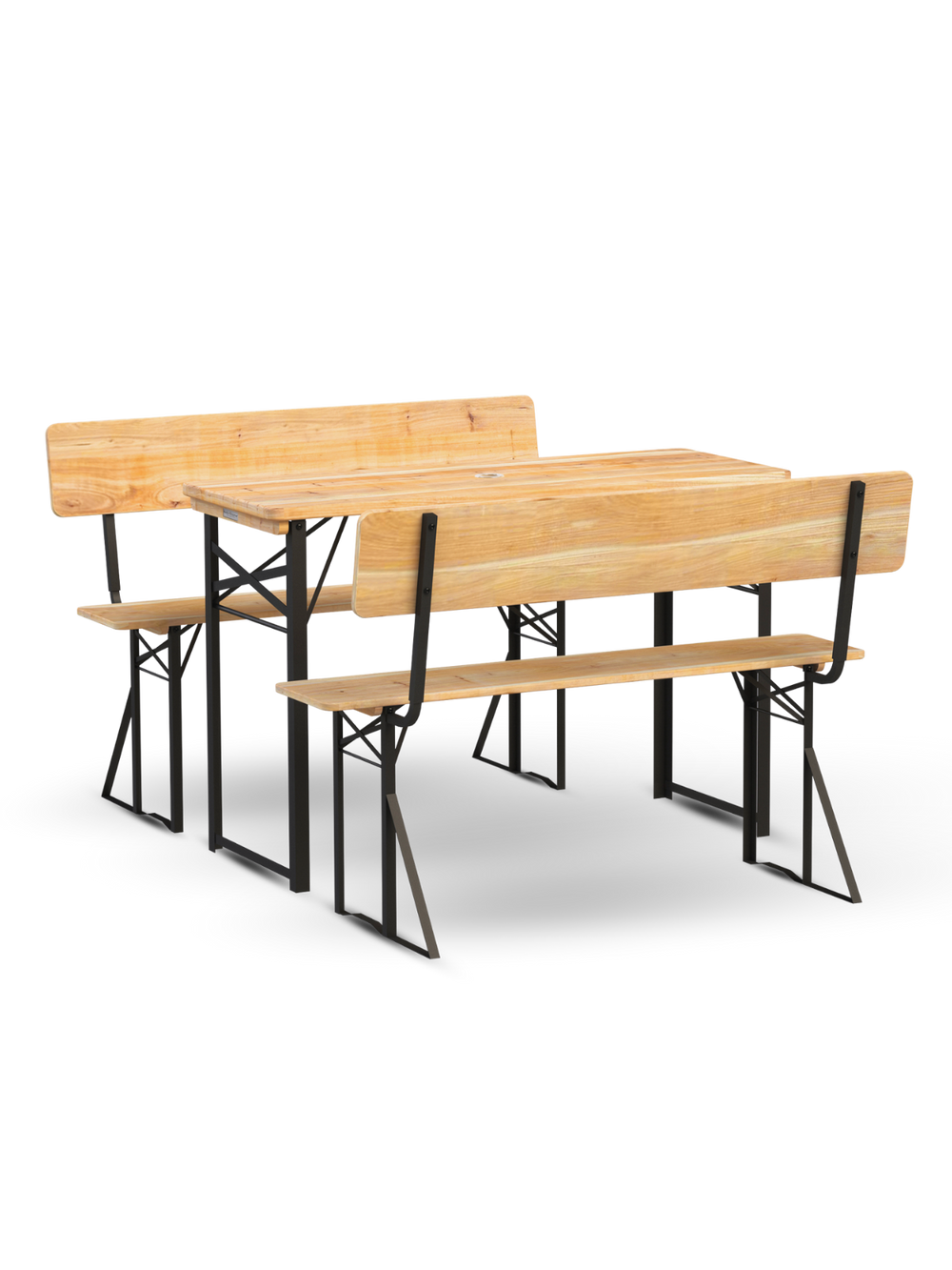 Bierbankset met leuning van licht vurenhout met inklapbare tafel en twee banken met rugleuning