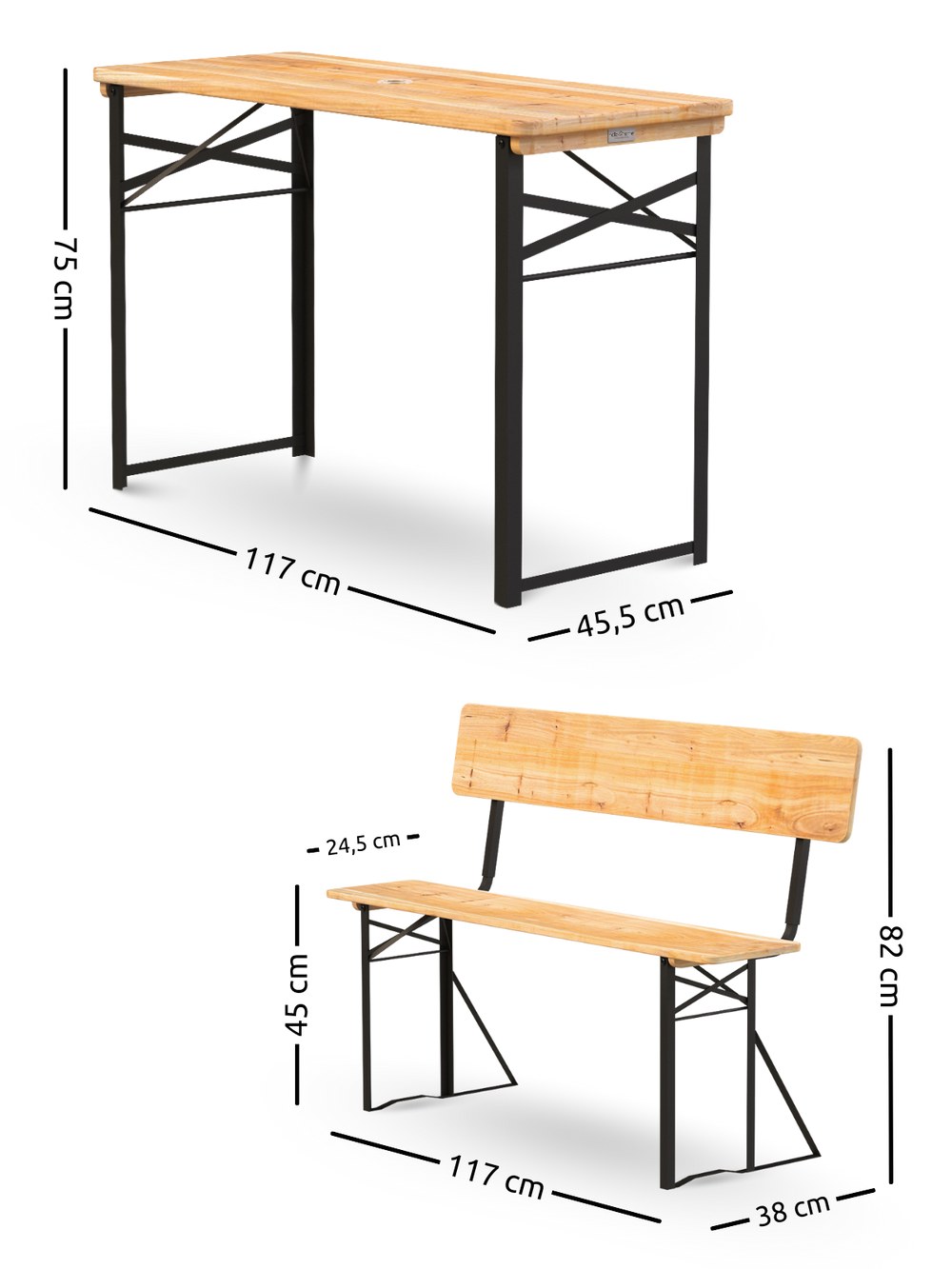 Maattekening van de bierbankset met leuning, tafel 117 x 45,5 cm en bank met rugleuning, hoogte 75 cm