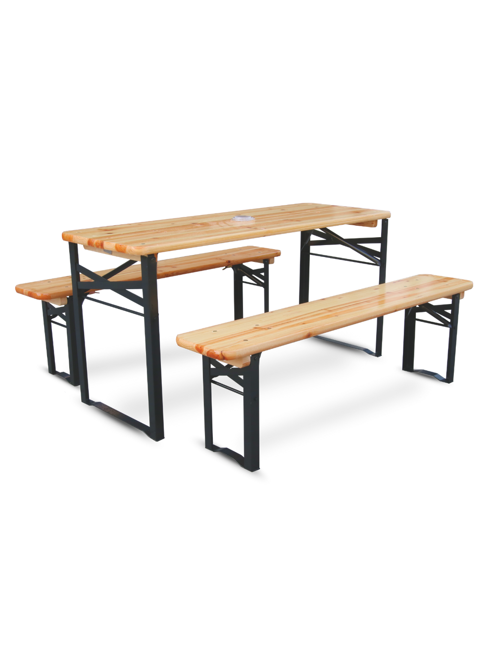 Kinderfeestbankset van licht vurenhout met inklapbare tafel en twee zitbanken zonder rugleuning