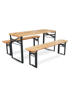 Kinderfeestbankset van licht vurenhout met inklapbare tafel en twee zitbanken zonder rugleuning