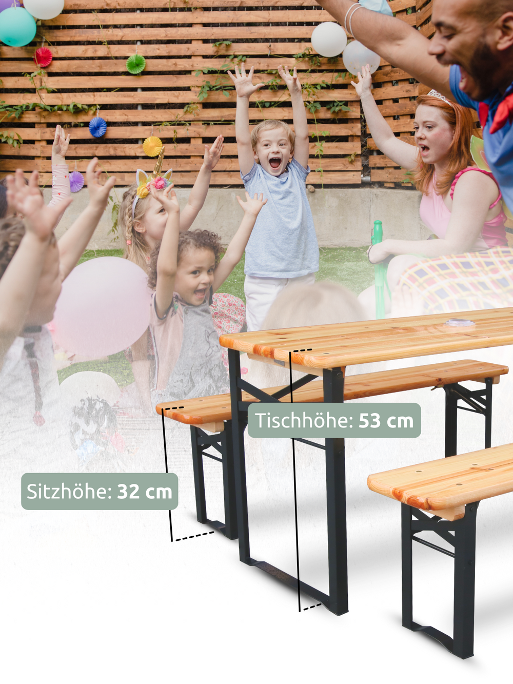 Kinderfeestbankset met zithoogte 32 cm en tafelhoogte 53 cm tijdens een kinderverjaardagsfeestje