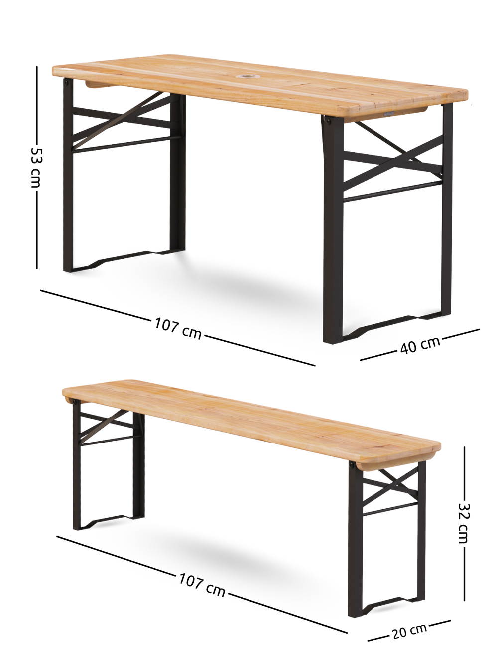 Maattekening van de kinderfeestbankset met tafel 107 x 40 cm en bank 107 x 20 cm, hoogte 53 cm