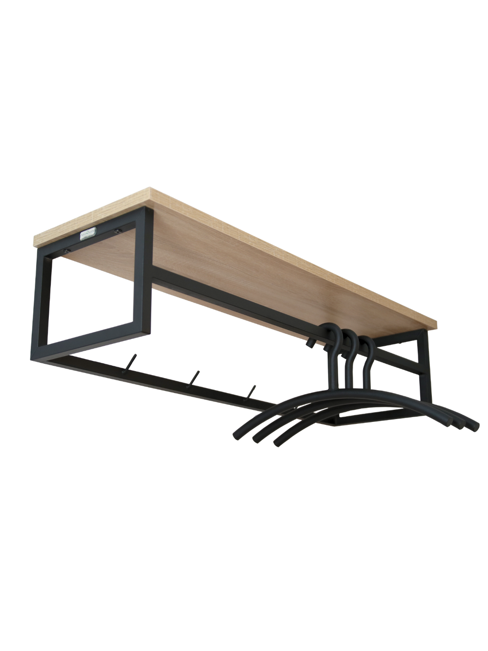 Wandkapstok Sonoma eiken met zwart metalen frame, 3 kledinghangers en haakstrip, schuin aanzicht