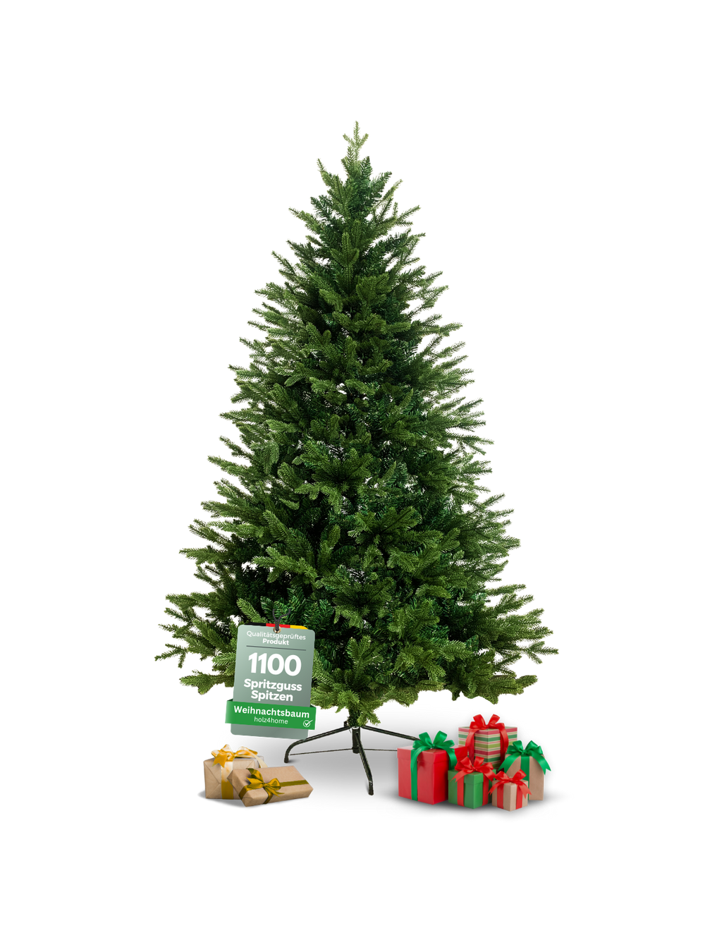 Kunstkerstboom in groen met 1100 spuitgietpunten en zwarte metalen voet, 130 cm hoog