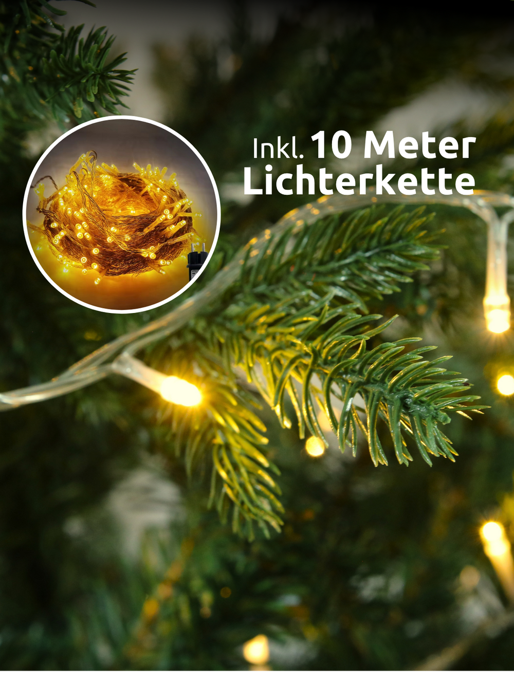 Warmwit lichtsnoer van 10 meter aan de tak van de kunstkerstboom
